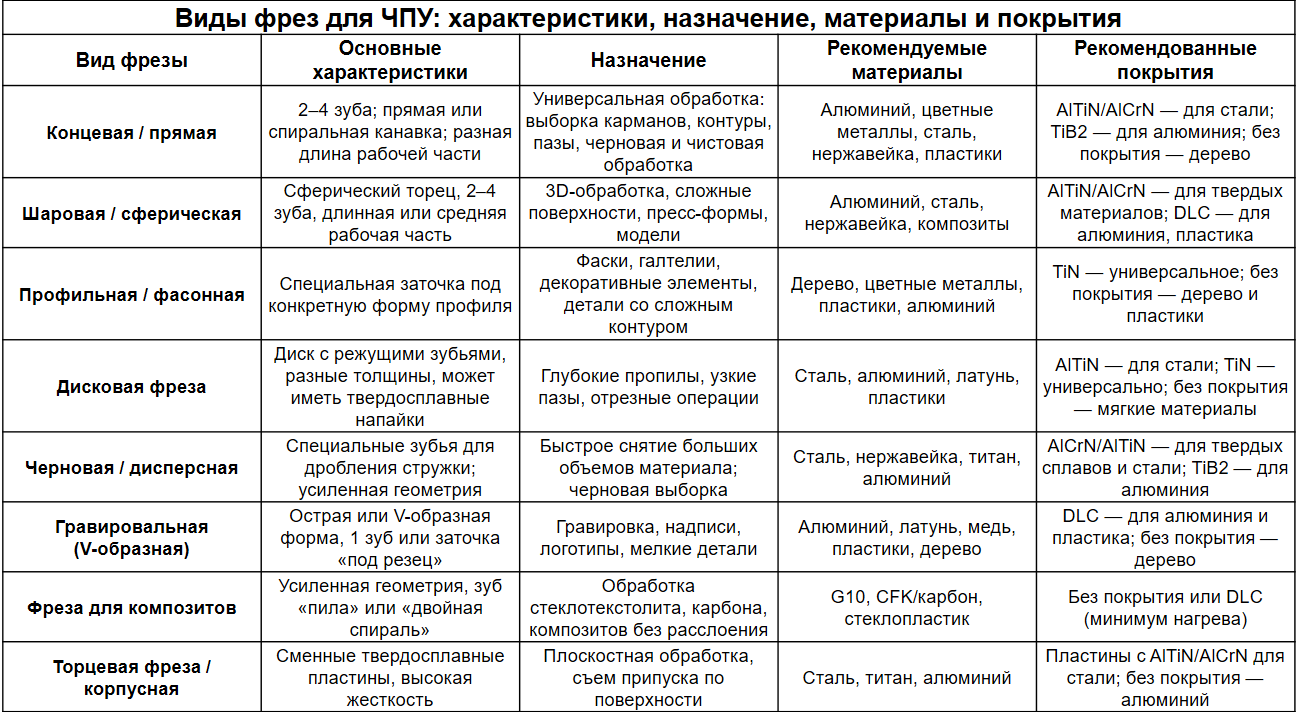 таблица виды фрез для ЧПУ